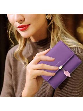 RFID Purple Wallet Leaf Card Holder Trifold Ladies Wallet with Zipper Pocket